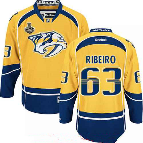 Men's Nashville Predators #63 Mike Ribeiro Yellow 2017 Stanley Cup Finals Patch Stitched NHL Reebok Hockey Jersey