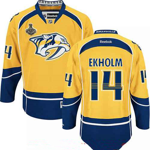 Men's Nashville Predators #14 Mattias Ekholm Yellow 2017 Stanley Cup Finals Patch Stitched NHL Reebok Hockey Jersey