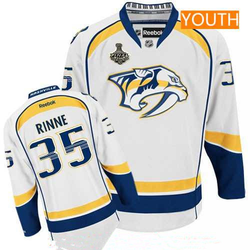 Youth Nashville Predators #35 Pekka Rinne White 2017 Stanley Cup Finals Patch Stitched NHL Reebok Hockey Jersey