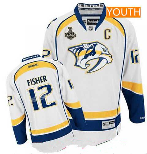 Youth Nashville Predators #12 Mike Fisher White 2017 Stanley Cup Finals C Patch Stitched NHL Reebok Hockey Jersey