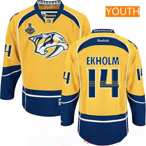 Youth Nashville Predators #14 Mattias Ekholm Yellow 2017 Stanley Cup Finals Patch Stitched NHL Reebok Hockey Jersey