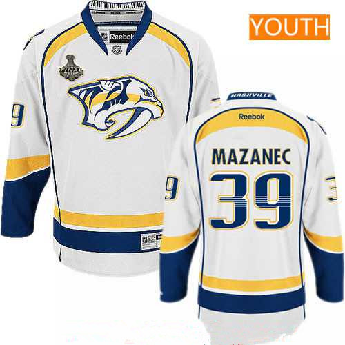Youth Nashville Predators #39 Marek Mazanec White 2017 Stanley Cup Finals Patch Stitched NHL Reebok Hockey Jersey