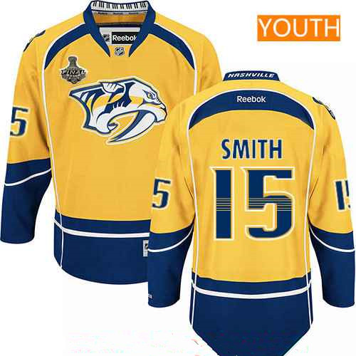 Youth Nashville Predators #15 Craig Smith Yellow 2017 Stanley Cup Finals Patch Stitched NHL Reebok Hockey Jersey