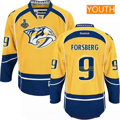 Youth Nashville Predators #9 Filip Forsberg Yellow 2017 Stanley Cup Finals Patch Stitched NHL Reebok Hockey Jersey
