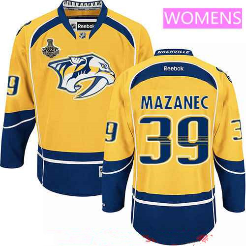 Women's Nashville Predators #39 Marek Mazanec Yellow 2017 Stanley Cup Finals Patch Stitched NHL Reebok Hockey Jersey