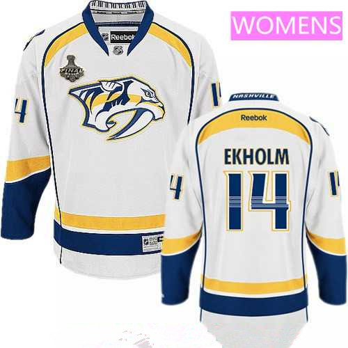 Women's Nashville Predators #14 Mattias Ekholm White 2017 Stanley Cup Finals Patch Stitched NHL Reebok Hockey Jersey