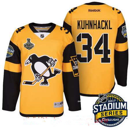 Men's Pittsburgh Penguins #34 Tom Kuhnhackl Yellow Stadium Series 2017 Stanley Cup Finals Patch Stitched NHL Reebok Hockey Jersey
