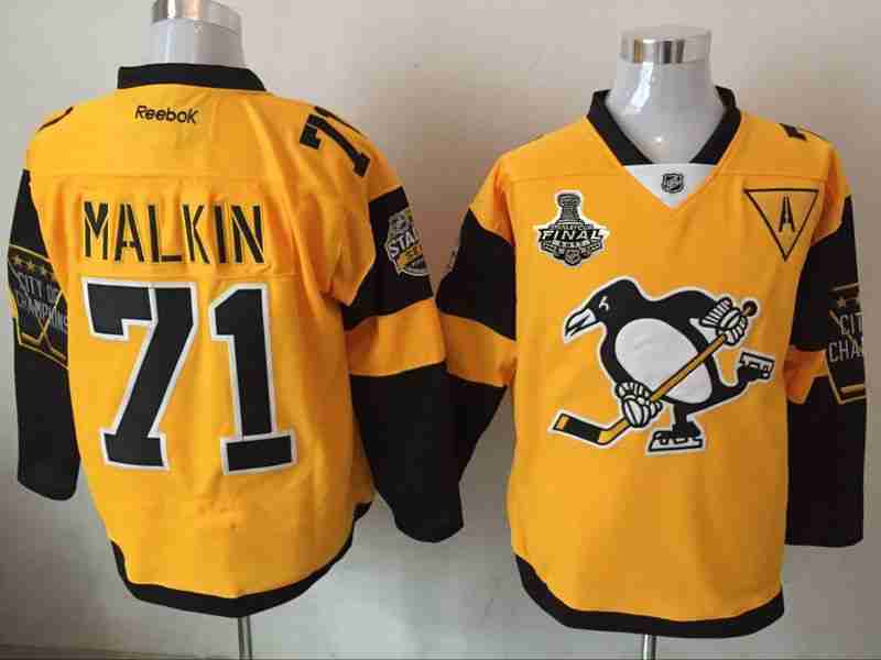 Men's Pittsburgh Penguins #71 Evgeni Malkin Yellow Stadium Series 2017 Stanley Cup Finals Patch Stitched NHL Reebok Hockey Jersey