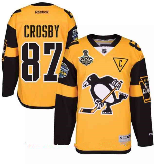 Men's Pittsburgh Penguins #87 Sidney Crosby Yellow Stadium Series 2017 Stanley Cup Finals Patch Stitched NHL Reebok Hockey Jersey