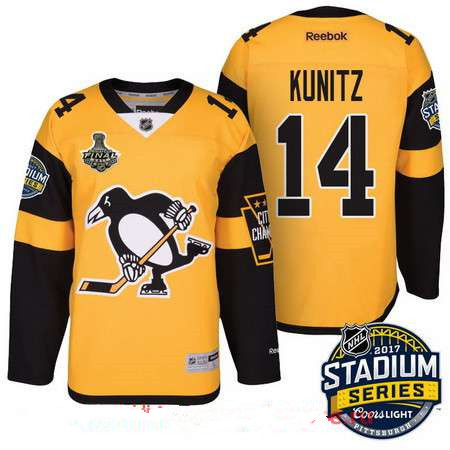 Men's Pittsburgh Penguins #14 Chris Kunitz Yellow Stadium Series 2017 Stanley Cup Finals Patch Stitched NHL Reebok Hockey Jerse