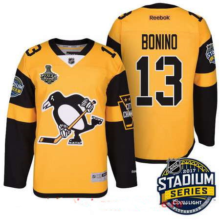 Men's Pittsburgh Penguins #13 Nick BoninoYellow Stadium Series 2017 Stanley Cup Finals Patch Stitched NHL Reebok Hockey Jersey