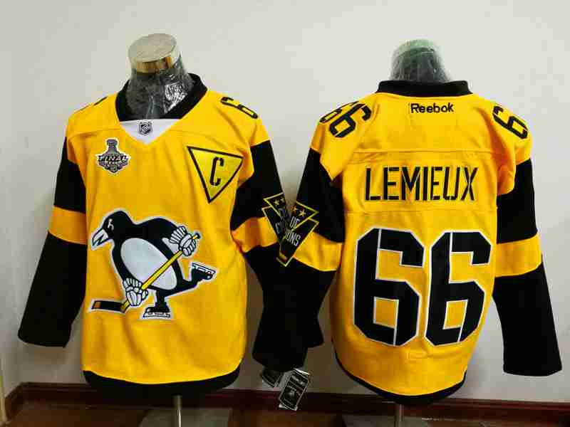 Men's Pittsburgh Penguins #66 Mario Lemieux Yellow Stadium Series 2017 Stanley Cup Finals Patch Stitched NHL Reebok Hockey Jersey