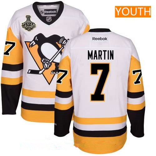 Youth Pittsburgh Penguins #7 Paul Martin White Third 2017 Stanley Cup Finals Patch Stitched NHL Reebok Hockey Jersey
