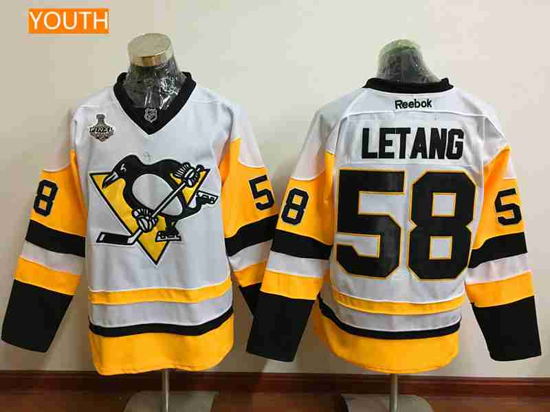 Youth Pittsburgh Penguins #58 Kris Letang White Third 2017 Stanley Cup Finals Patch Stitched NHL Reebok Hockey Jersey