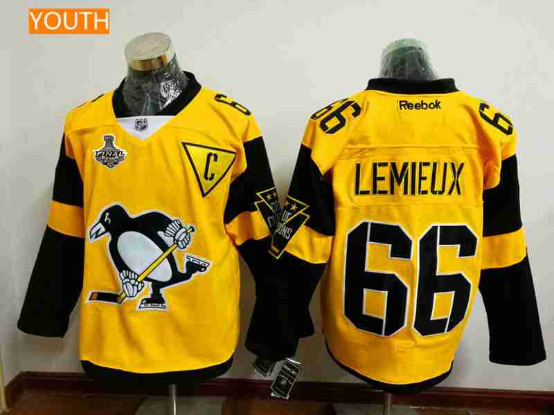 Youth Pittsburgh Penguins #66 Mario Lemieux Yellow Stadium Series 2017 Stanley Cup Finals Patch Stitched NHL Reebok Hockey Jersey