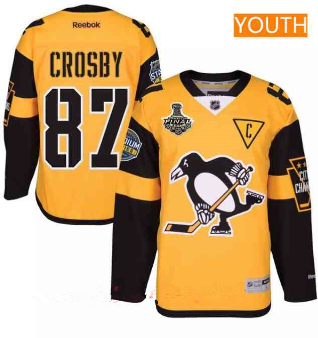 Youth Pittsburgh Penguins #87 Sidney Crosby Yellow Stadium Series 2017 Stanley Cup Finals Patch Stitched NHL Reebok Hockey Jersey