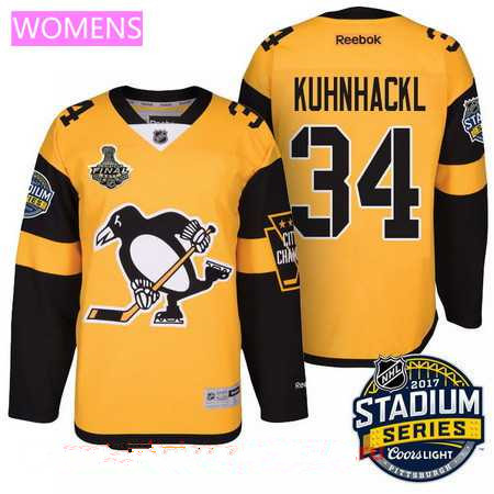 Women's Pittsburgh Penguins #34 Tom Kuhnhackl Yellow Stadium Series 2017 Stanley Cup Finals Patch Stitched NHL Reebok Hockey Jersey