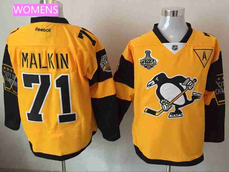 Women's Pittsburgh Penguins #71 Evgeni Malkin Yellow Stadium Series 2017 Stanley Cup Finals Patch Stitched NHL Reebok Hockey Jersey