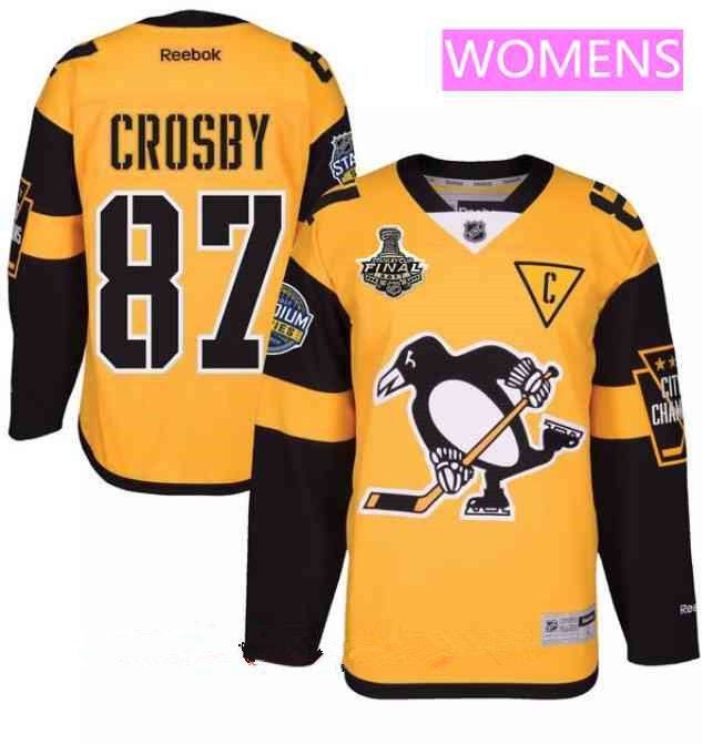 Women's Pittsburgh Penguins #87 Sidney Crosby Yellow Stadium Series 2017 Stanley Cup Finals Patch Stitched NHL Reebok Hockey Jersey
