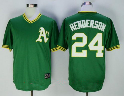 Men's Oakland Athletics #24 Rickey Henderson Green Pullover Throwback Cooperstown Collection Stitched MLB Mitchell & Ness Jersey
