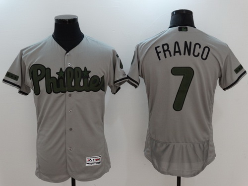 Men's Philadelphia Phillies #7 Maikel Franco Gray With Green Memorial Day Stitched MLB Majestic Flex Base Jersey