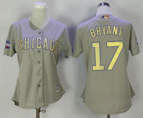 Women's Chicago Cubs #17 Kris Bryant Gray World Series Champions Gold Stitched MLB Majestic 2017 Cool Base Jersey