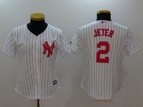 Women's New York Yankees #2 Derek Jeter White With Pink Mother's Day Stitched MLB Majestic Cool Base Jersey