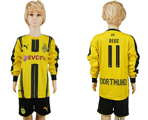 2016-17 Dortmund #11 REUS Home Soccer Youth Yellow Long Sleeve Shirt Kit