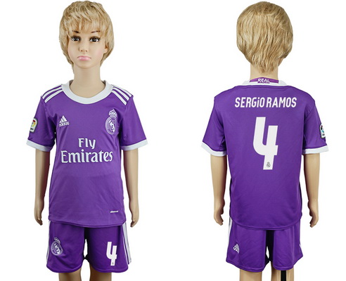 2016-17 Real Madrid #4 SERGIO RAMOS Away Soccer Youth Purple Shirt Kit