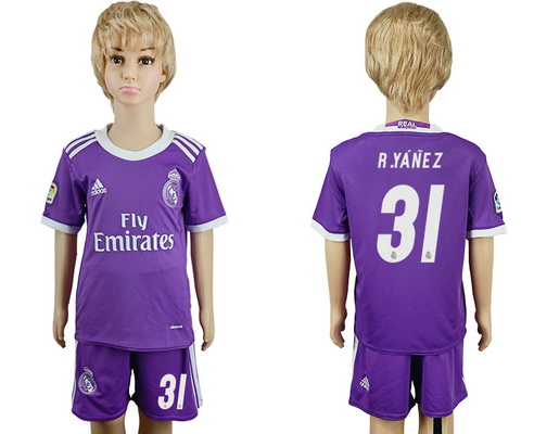 2016-17 Real Madrid #31 R.YANEZ Away Soccer Youth Purple Shirt Kit