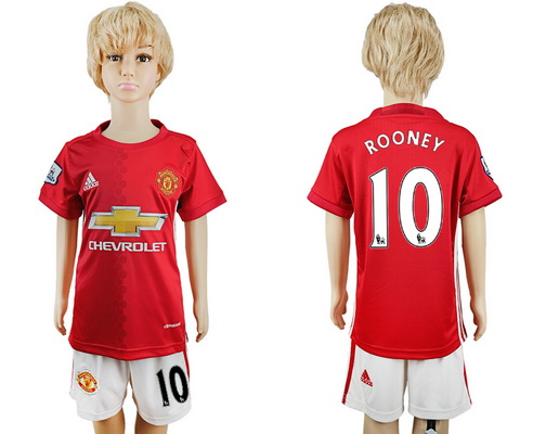 2016-17 Manchester United #10 ROONEY Home Soccer Youth Red Shirt Kit
