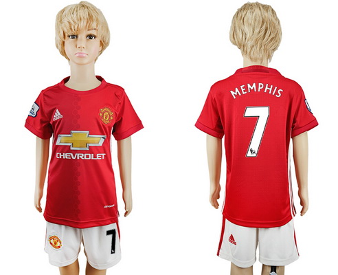 2016-17 Manchester United #7 MEMPHIS Home Soccer Youth Red Shirt Kit
