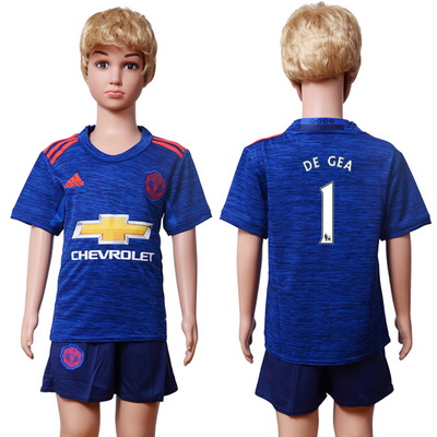 2016-17 Manchester United #1 DE GEA Away Soccer Youth Blue Shirt Kit