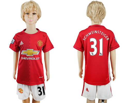 2016-17 Manchester United #31 SCHWEINSTEIGER Home Soccer Youth Red Shirt Kit