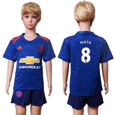 2016-17 Manchester United #8 MATA Away Soccer Youth Blue Shirt Kit