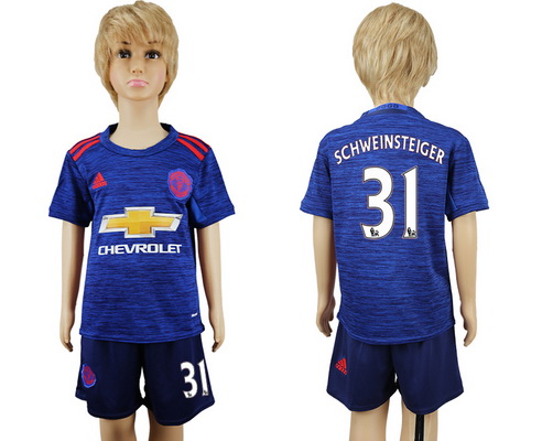 2016-17 Manchester United #31 SCHWEINSTEIGER Away Soccer Youth Blue Shirt Kit