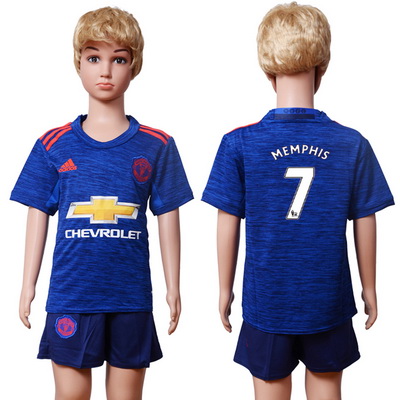 2016-17 Manchester United #7 MEMPHIS Away Soccer Youth Blue Shirt Kit