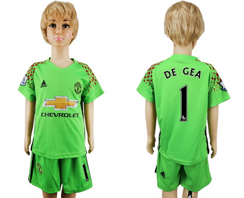2016-17 Manchester United #1 DE GEA Youth Goalkeeper Soccer Green Shirt Kit