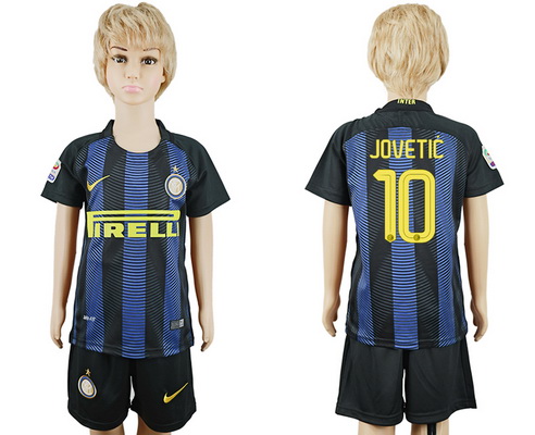 2016-17 Inter Milan #10 JOVETIC Home Soccer Youth Blue and Black Shirt Kit