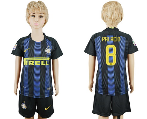 2016-17 Inter Milan #8 PALACIO Home Soccer Youth Blue and Black Shirt Kit