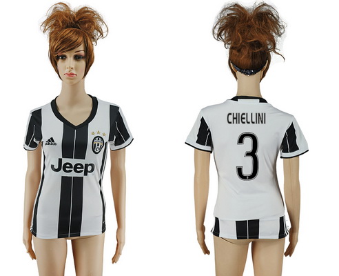 2016-17 Juventus #3 CHIELLINI Home Soccer Women's White and Black AAA+ Shirt