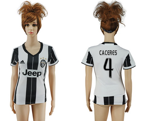 2016-17 Juventus #4 CACERES Home Soccer Women's White and Black AAA+ Shirt