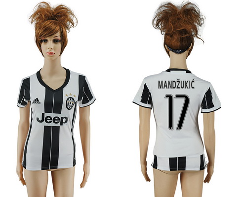 2016-17 Juventus #17 MANDZUKIC Home Soccer Women's White and Black AAA+ Shirt