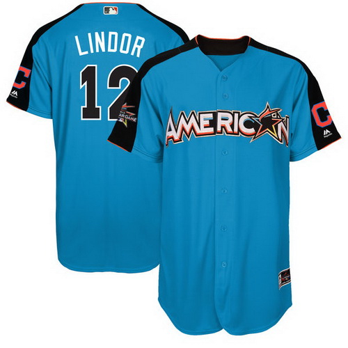 Men's American League Cleveland Indians #12 Francisco Lindor Majestic Blue 2017 MLB All-Star Game Authentic Home Run Derby Jersey