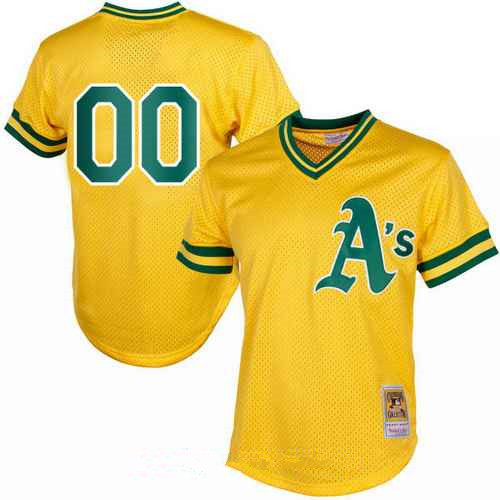 Men's Oakland Athletics Yellow Mesh Batting Practice Throwback Majestic Cooperstown Collection Custom Baseball Jersey