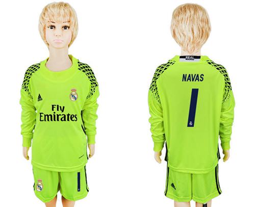 Real Madrid #1 Navas Shiny Green Goalkeeper Long Sleeves Kid Soccer Club Jersey
