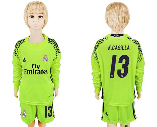 Real Madrid #13 K.Casilla Shiny Green Goalkeeper Long Sleeves Kid Soccer Club Jersey