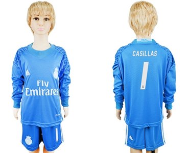 Real Madrid #1 Casillas Sky Blue Goalkeeper Long Sleeves Kid Soccer Club Jersey