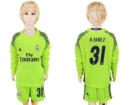 Real Madrid #31 R.Yanez Shiny Green Goalkeeper Long Sleeves Kid Soccer Club Jersey