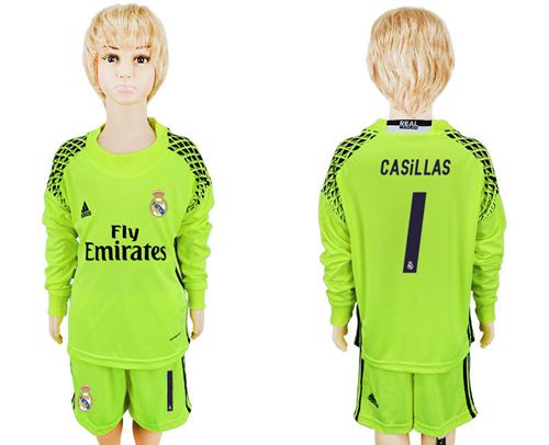 Real Madrid #1 Casillas Shiny Green Goalkeeper Long Sleeves Kid Soccer Club Jersey